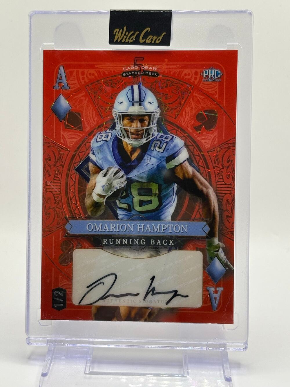 2024 Wild Card 5 Card Draw Omarion Hampton Rookie Red Ace Auto 1/2 SSP Chargers